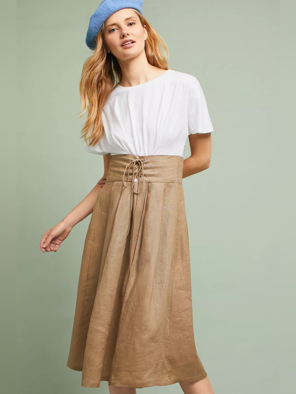 Eri + Ali Grace Corset Midi Dress Small Anthropologie Linen Cotton Lace Up Waist